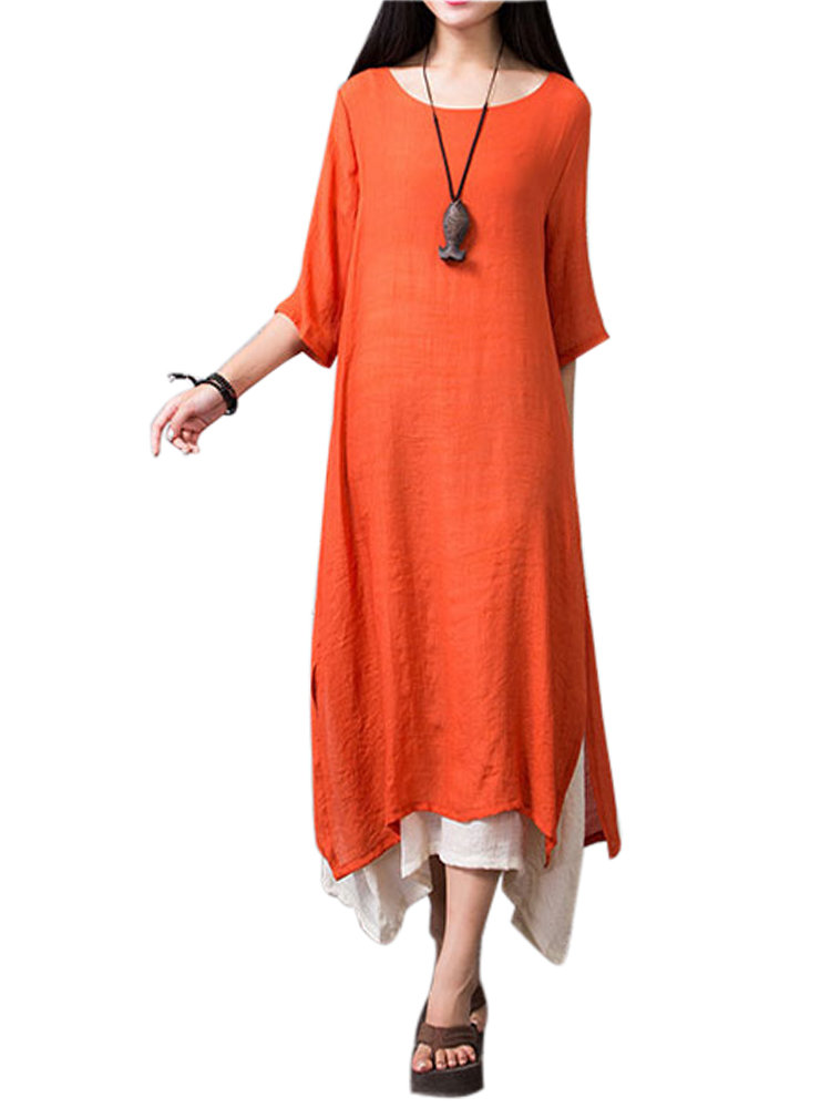 Layered Split Solid Half Sleeve Vintage Elegant Women Dresses