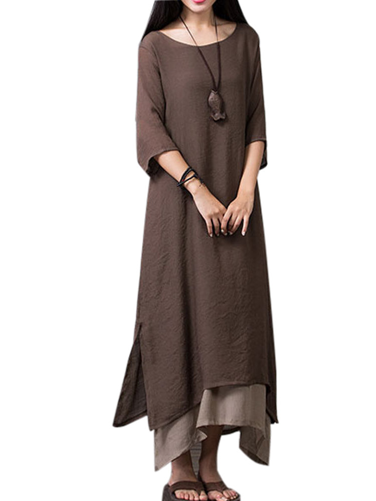 Layered Split Solid Half Sleeve Vintage Elegant Women Dresses