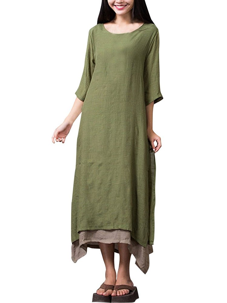 Layered Split Solid Half Sleeve Vintage Elegant Women Dresses