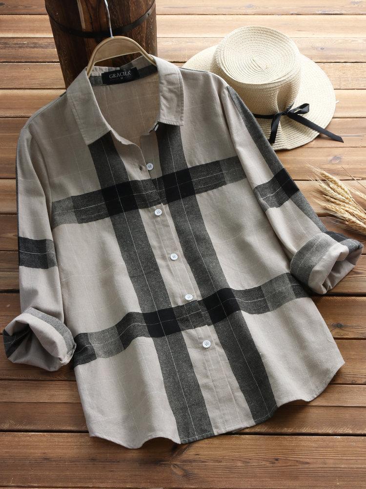 Vintage Plaid Long Sleeve Turn-down Collar Shirts