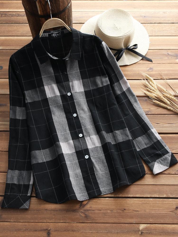 Vintage Plaid Long Sleeve Turn-down Collar Shirts