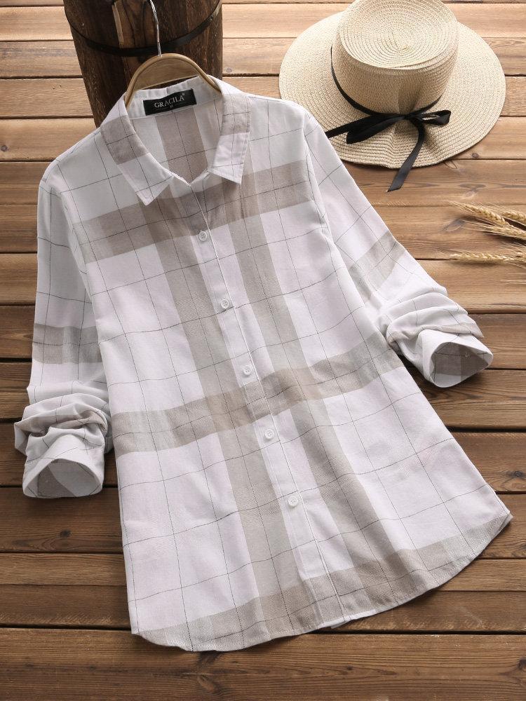 Vintage Plaid Long Sleeve Turn-down Collar Shirts