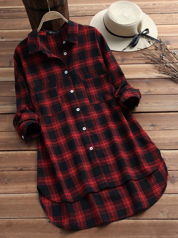 Women Plaid Vintage Long Sleeve Cotton Shirts