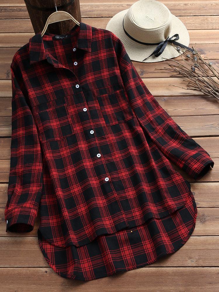 Women Plaid Vintage Long Sleeve Cotton Shirts