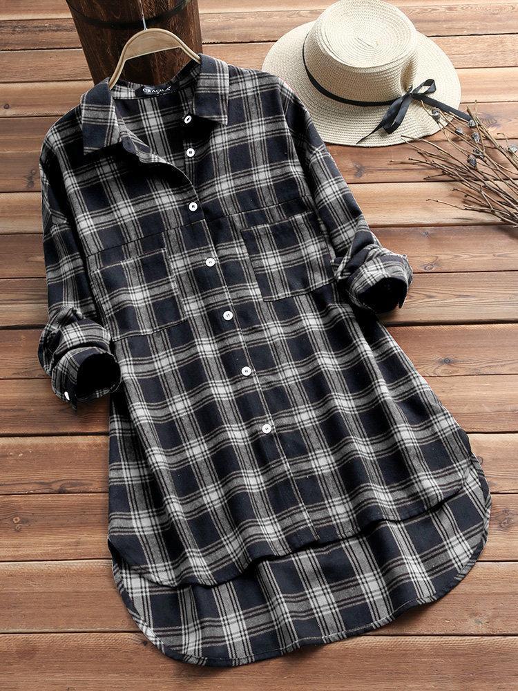 Women Plaid Vintage Long Sleeve Cotton Shirts