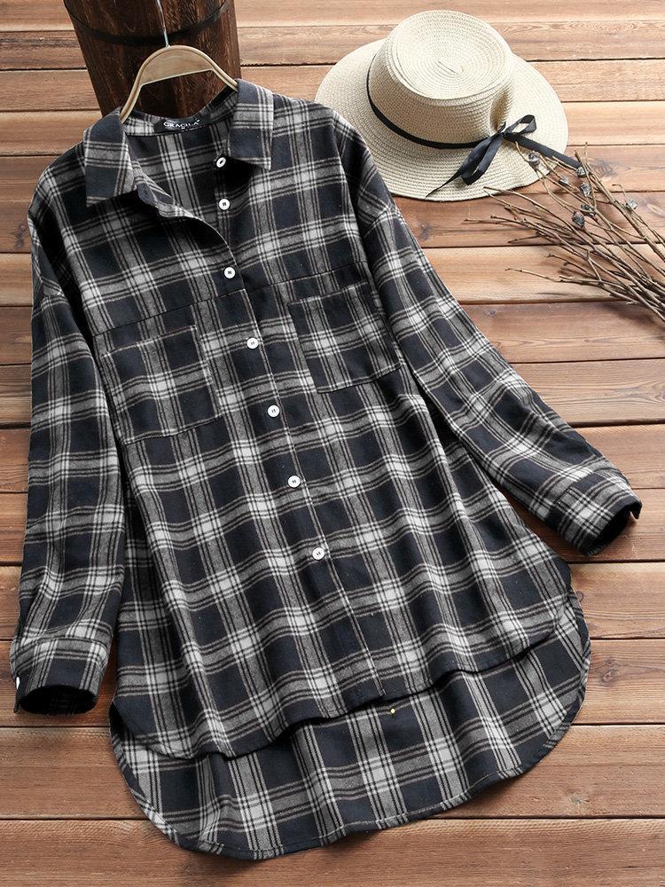 Women Plaid Vintage Long Sleeve Cotton Shirts