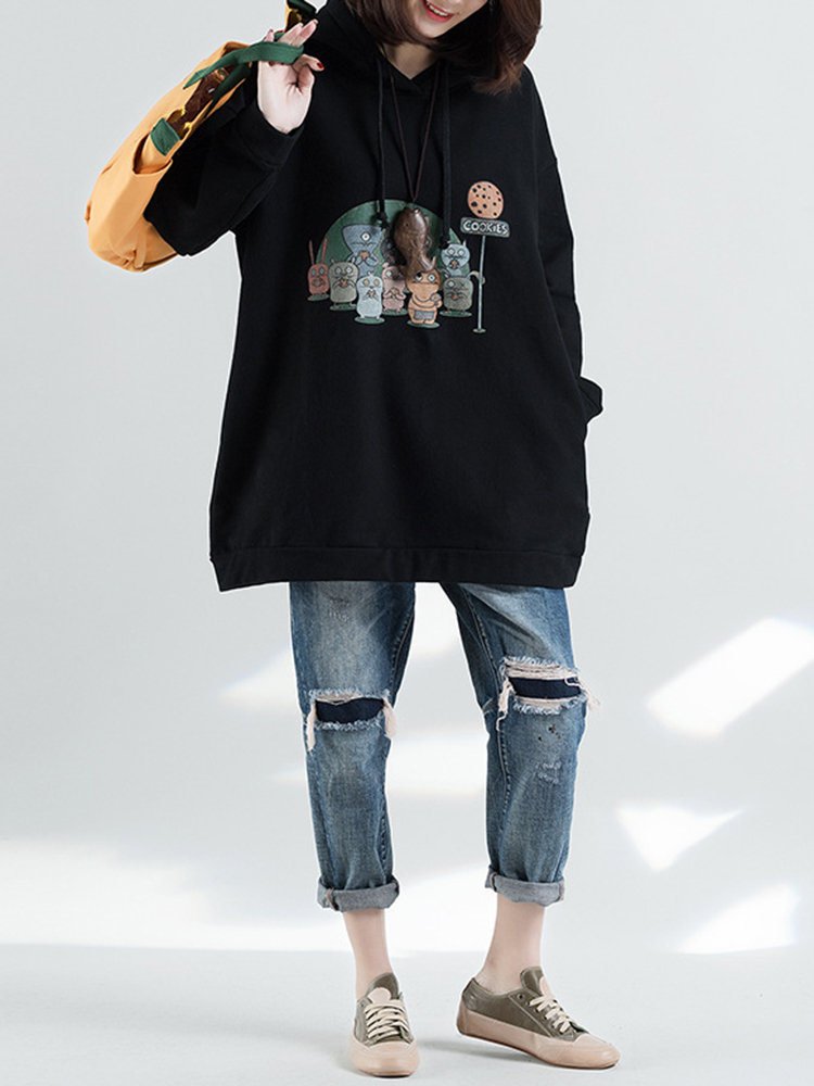 Hooded Cartoon Print Long Sleeve Loose Casual Hoodies