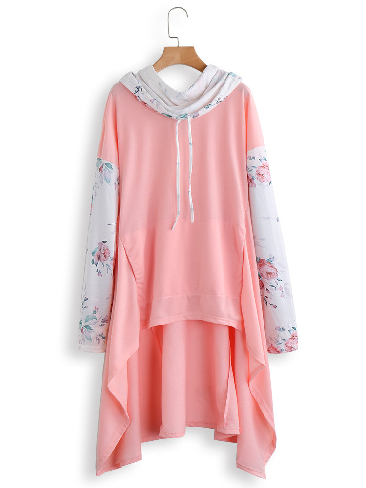 Irregular Floral Print Patchwork Long Sleeve Casual Hoodie