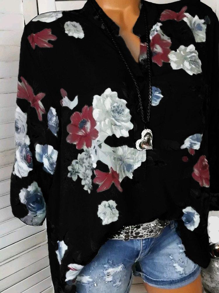 Floral Printed Stand Collar Long Sleeve Chiffon Blouses