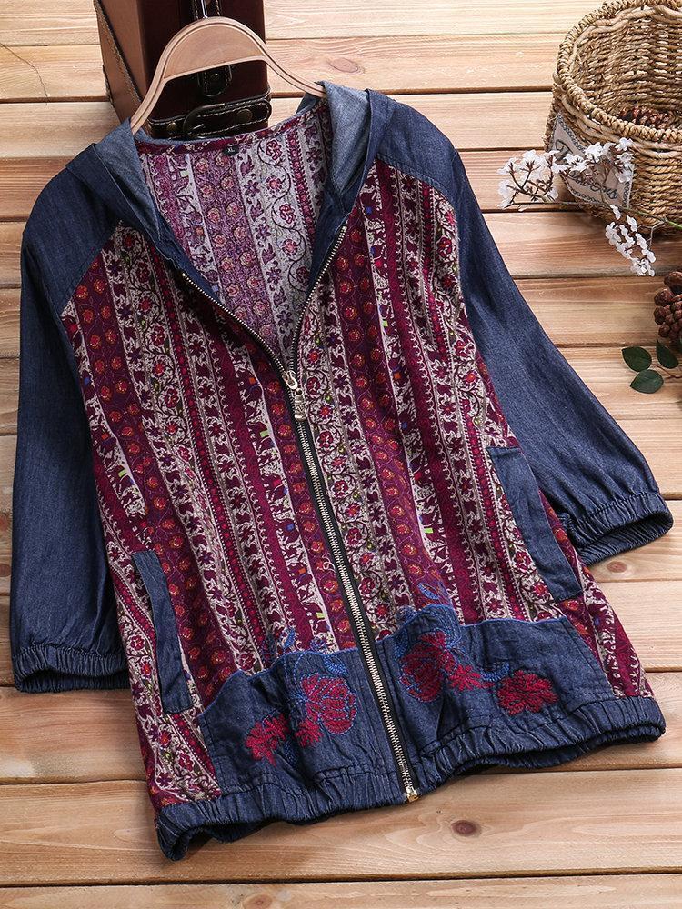 Folk Style Print Embroidered Hooded Denim Coats