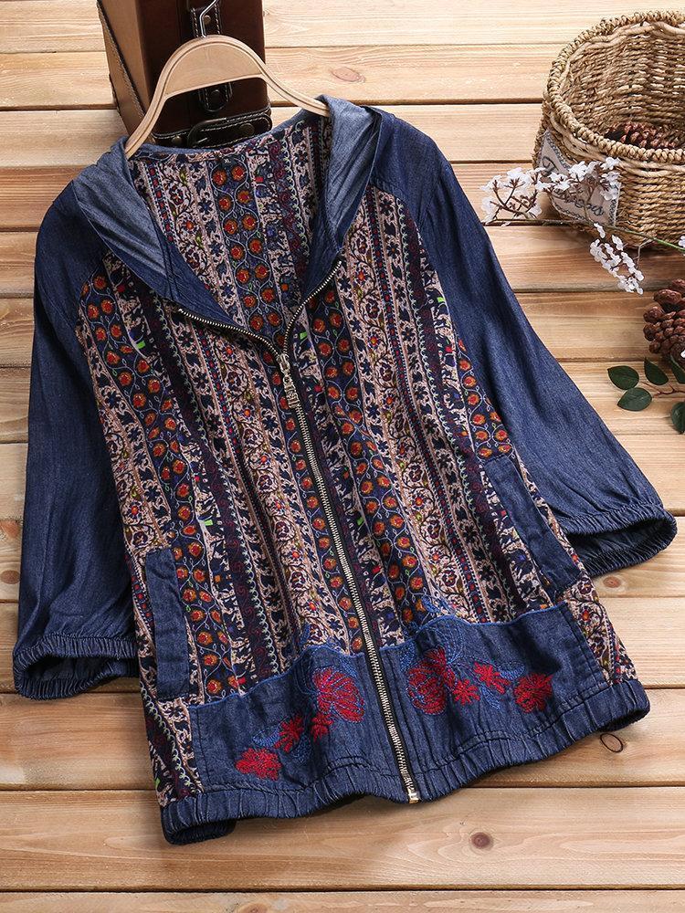 Folk Style Print Embroidered Hooded Denim Coats