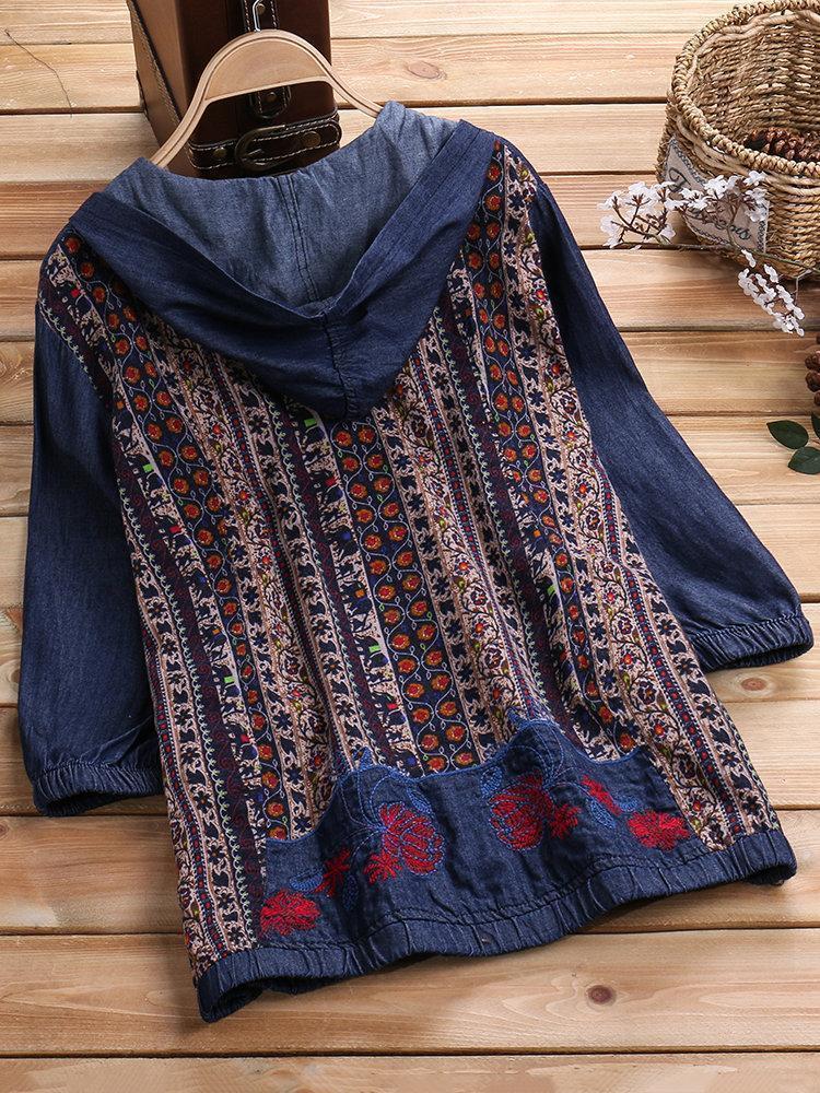 Folk Style Print Embroidered Hooded Denim Coats