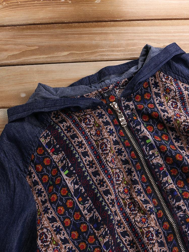 Folk Style Print Embroidered Hooded Denim Coats