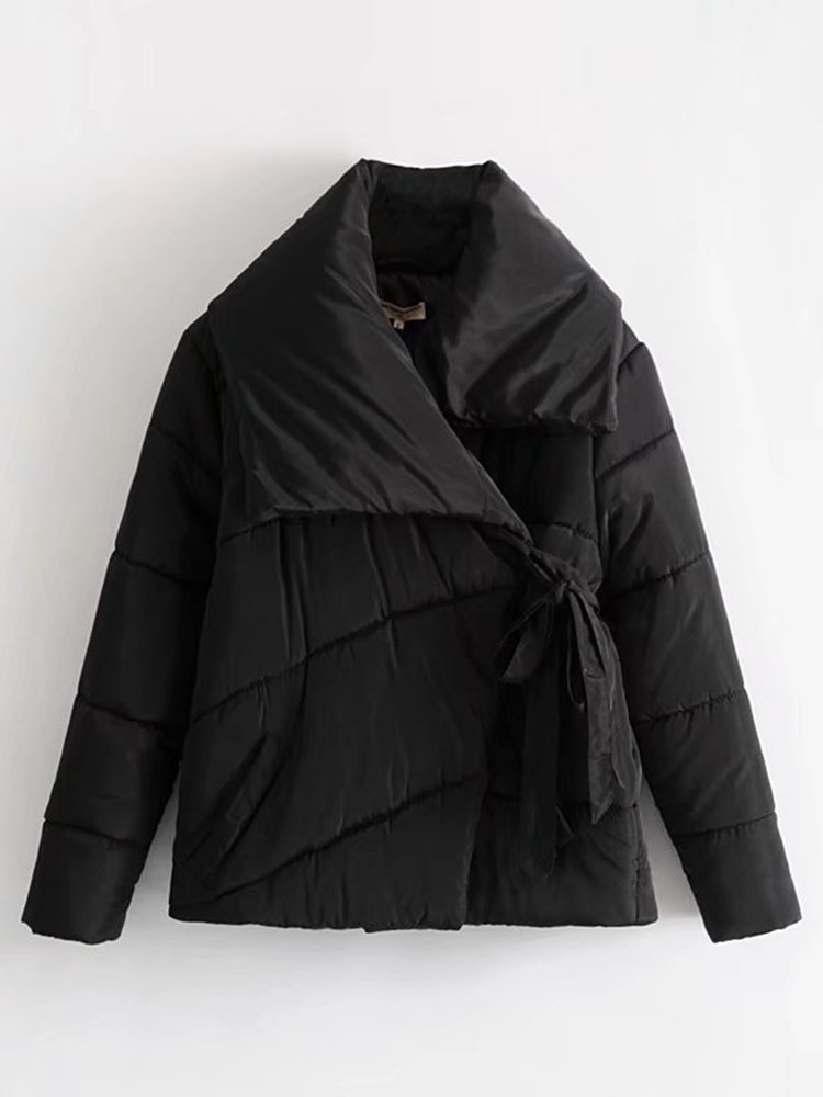 Turn Down Collar Solid Color Quilted Short Cotton Coat