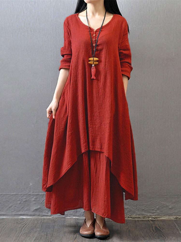 Vintage Women Long Sleeve V-Neck Irregular Maxi Dresses