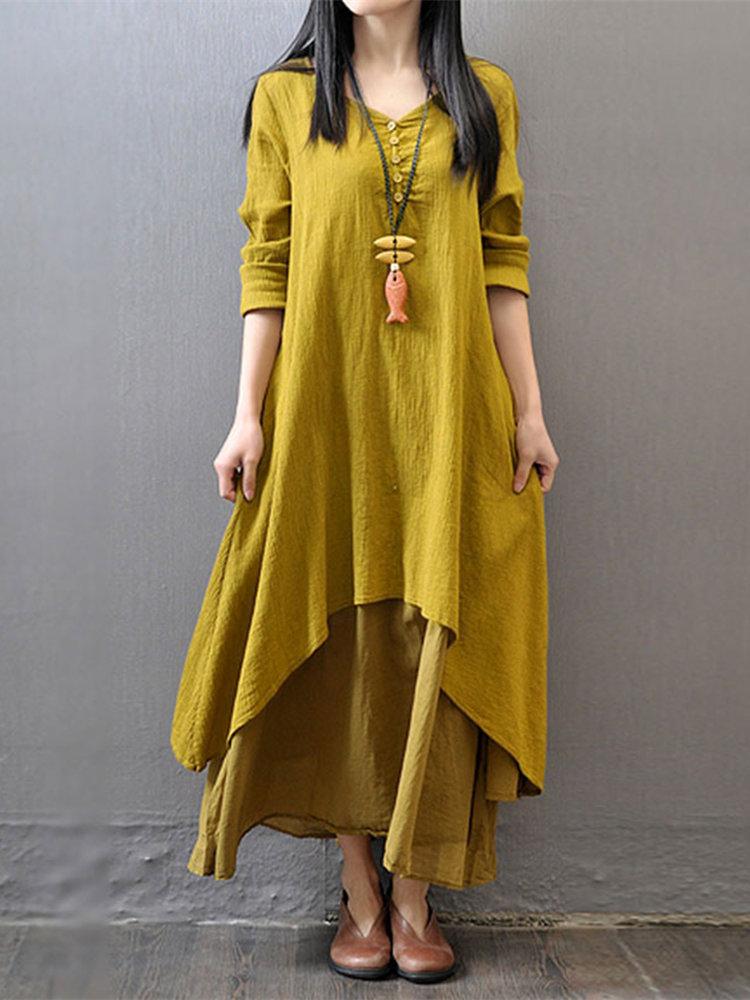 Vintage Women Long Sleeve V-Neck Irregular Maxi Dresses