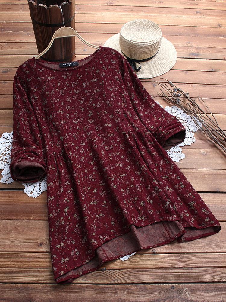 Floral Printed Long Sleeve O-neck Shirts For Women