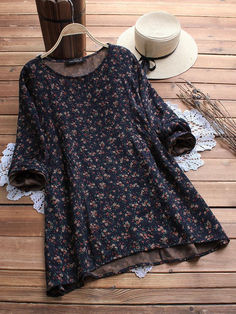 Floral Printed Long Sleeve O-neck Shirts For Women