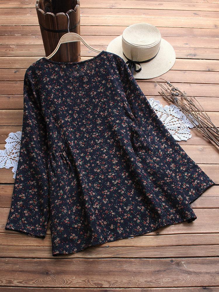 Floral Printed Long Sleeve O-neck Shirts For Women