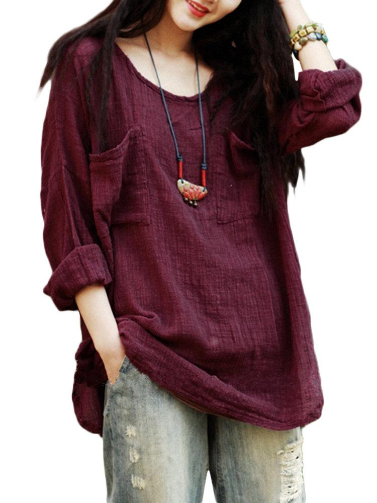 Vintage Pure Color Long Sleeve Pockets Loose Women Shirts