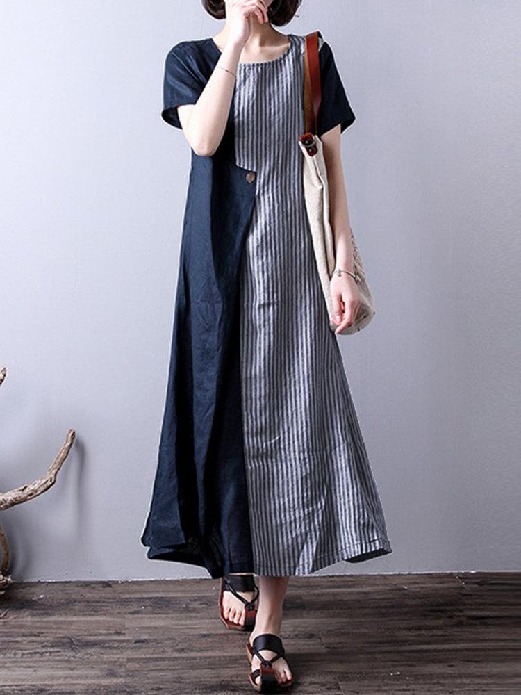 Stripe Patchwork Asymmetrical Short Sleeve Vintage Dresses