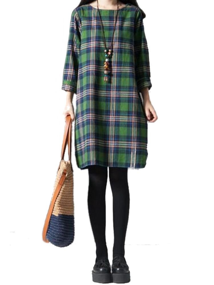 Check Casual Loose Quarter Sleeve Plaid Vintage Dress