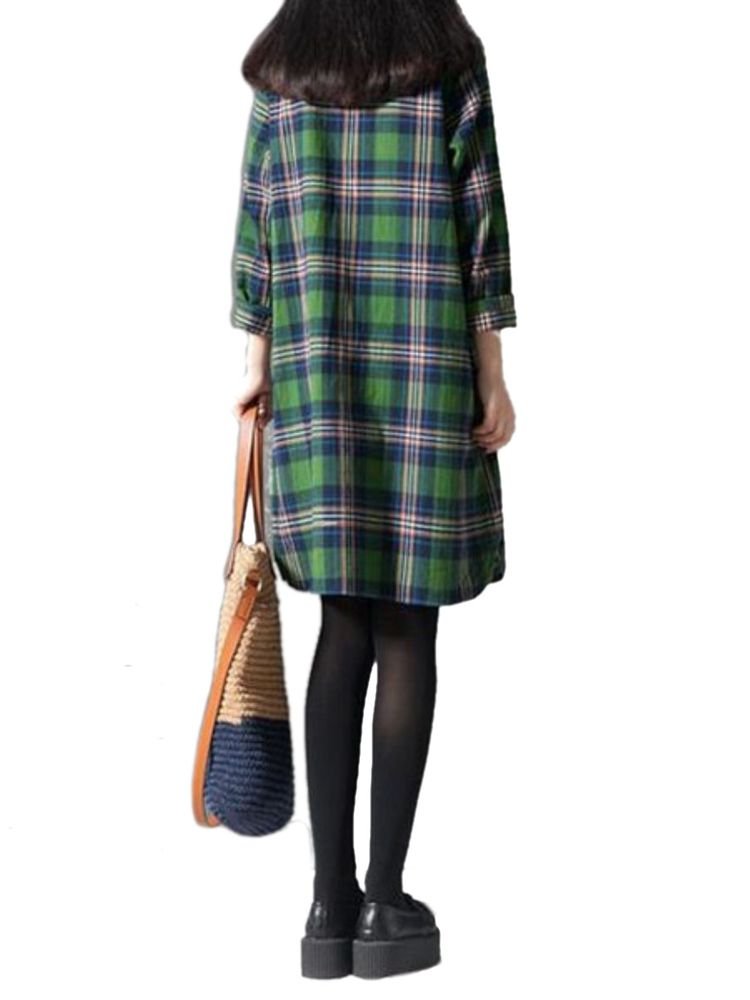 Check Casual Loose Quarter Sleeve Plaid Vintage Dress