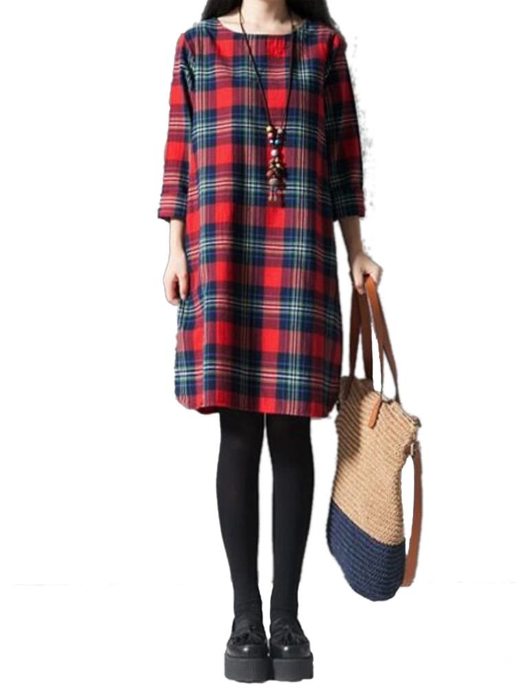 Check Casual Loose Quarter Sleeve Plaid Vintage Dress