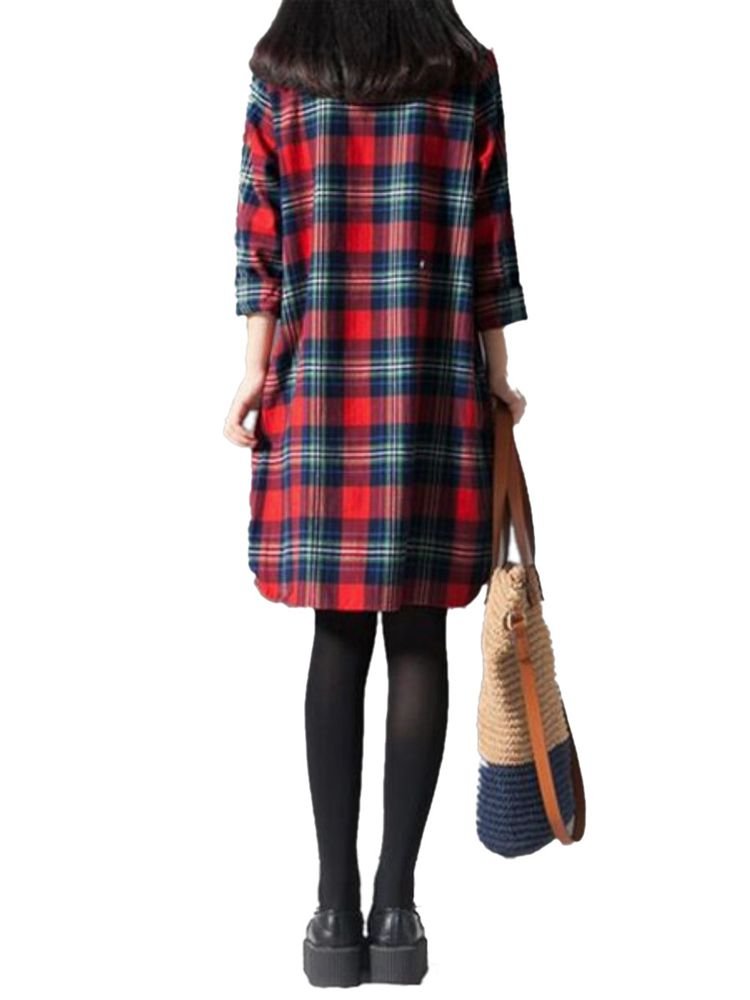 Check Casual Loose Quarter Sleeve Plaid Vintage Dress