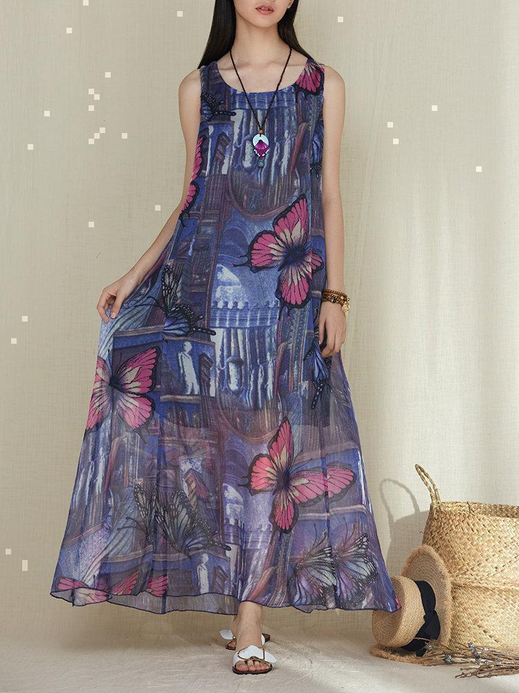 Butterfly Print Sleeveless O-neck Vintage Maxi Dresses