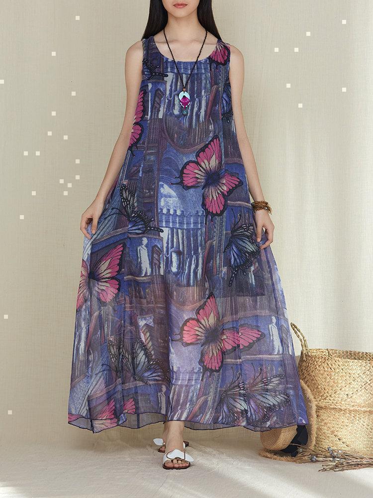 Butterfly Print Sleeveless O-neck Vintage Maxi Dresses