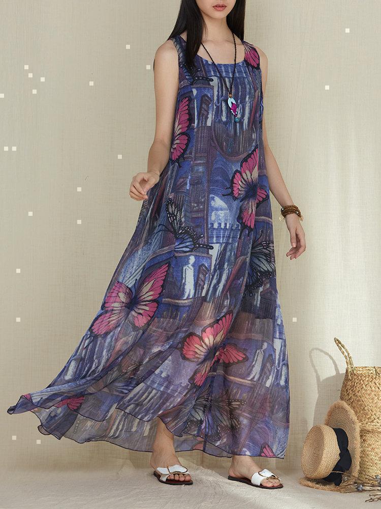 Butterfly Print Sleeveless O-neck Vintage Maxi Dresses