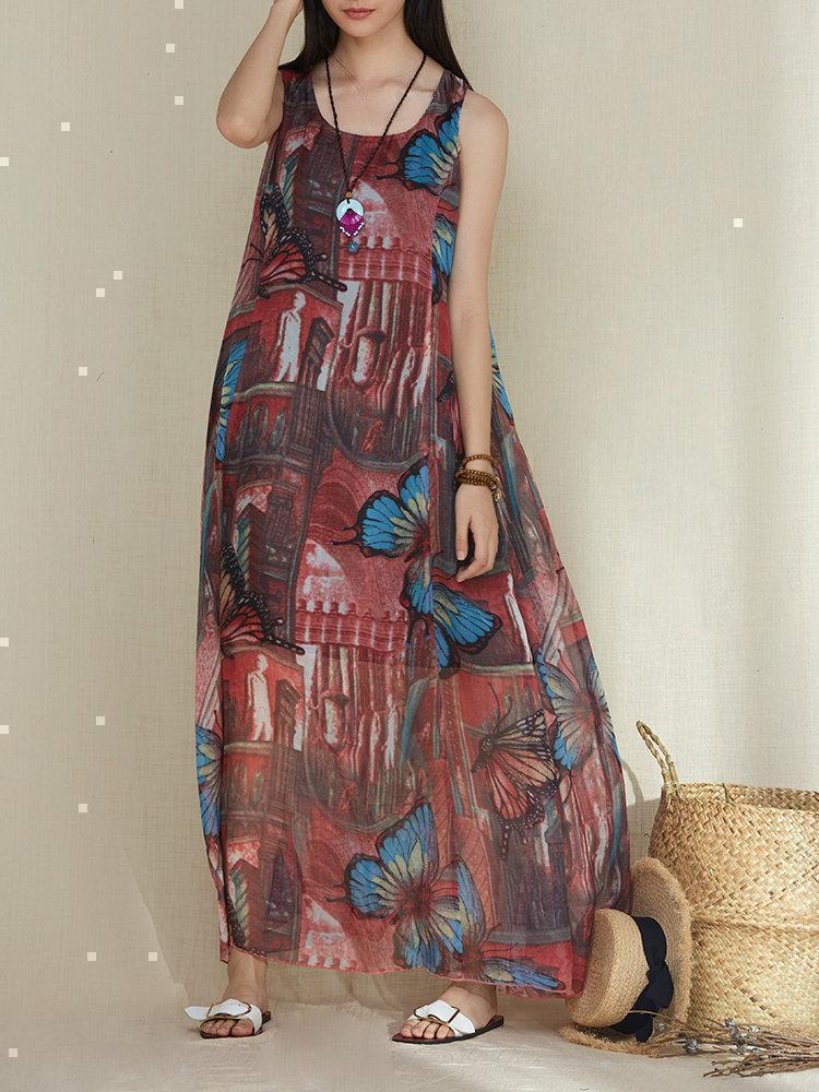 Butterfly Print Sleeveless O-neck Vintage Maxi Dresses