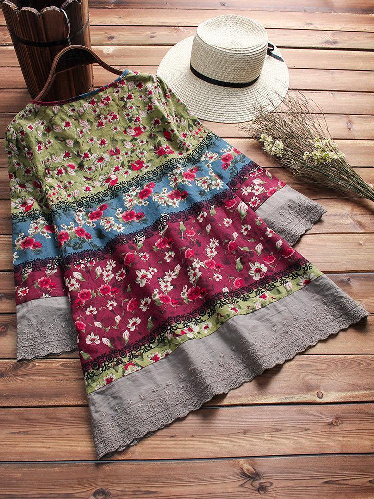 Vintage Floral Print Patchwork 3/4 Sleeve V-neck Blouses For Women