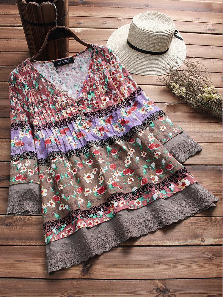 Vintage Floral Print Patchwork 3/4 Sleeve V-neck Blouses For Women