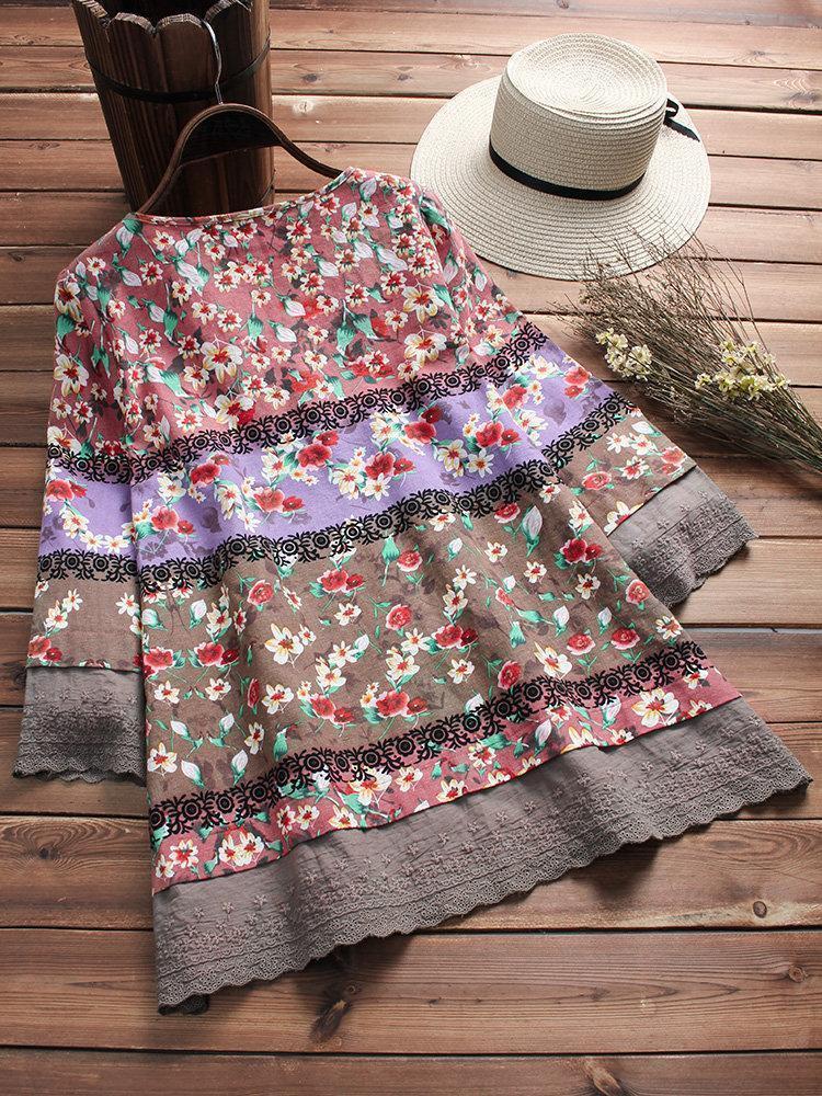 Vintage Floral Print Patchwork 3/4 Sleeve V-neck Blouses For Women