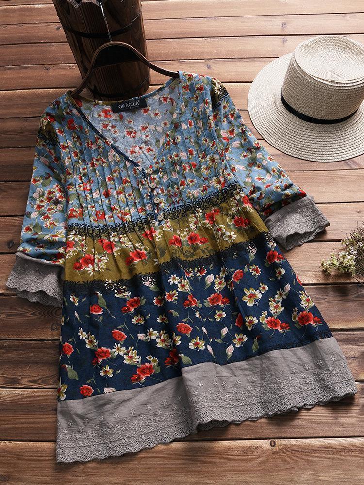 Vintage Floral Print Patchwork 3/4 Sleeve V-neck Blouses For Women