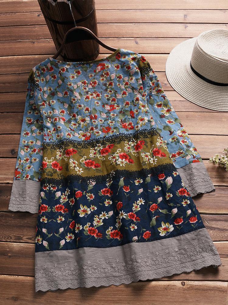 Vintage Floral Print Patchwork 3/4 Sleeve V-neck Blouses For Women