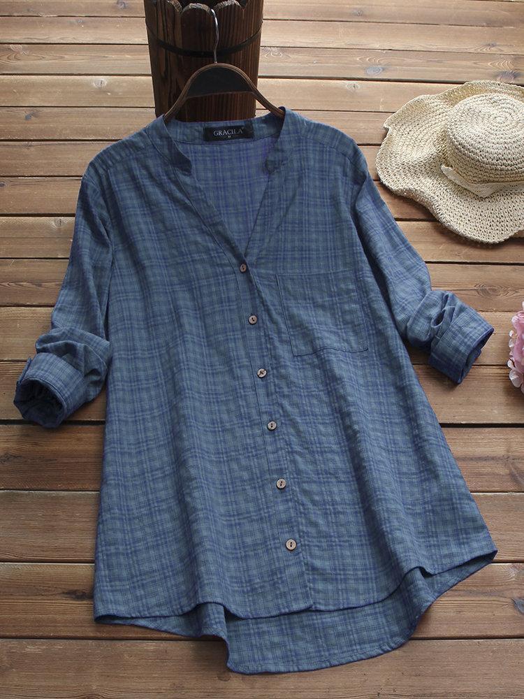 Plaid Print Irregular Hem Long Sleeve V-neck Casual Blouses