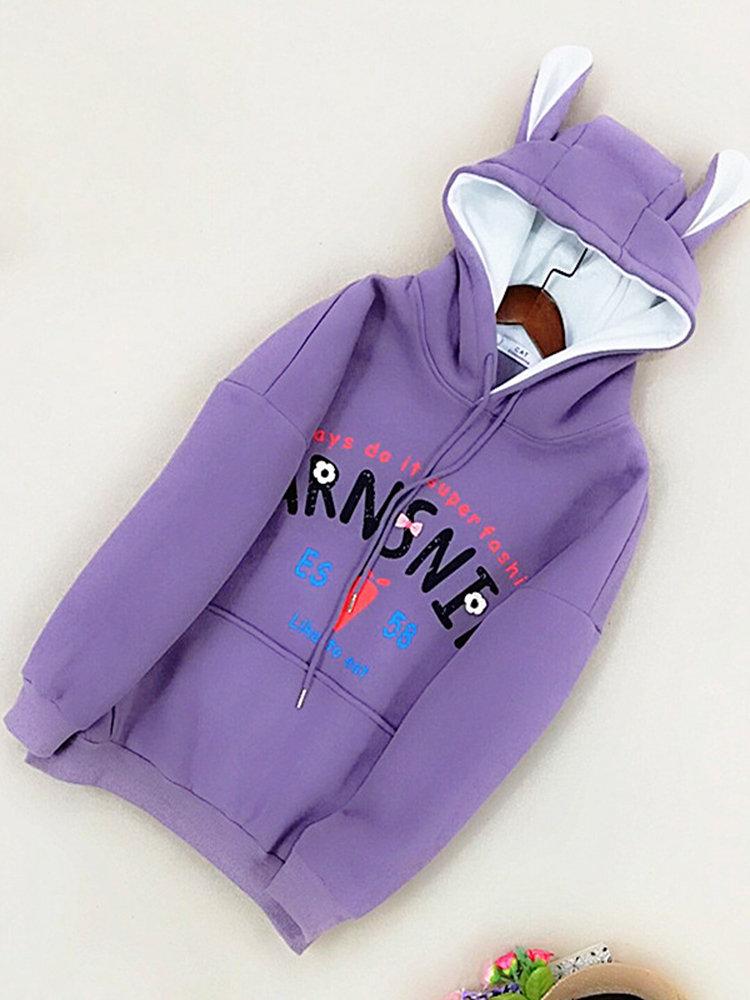 Print Rabbit Long Sleeve Hooded Sweatshirt