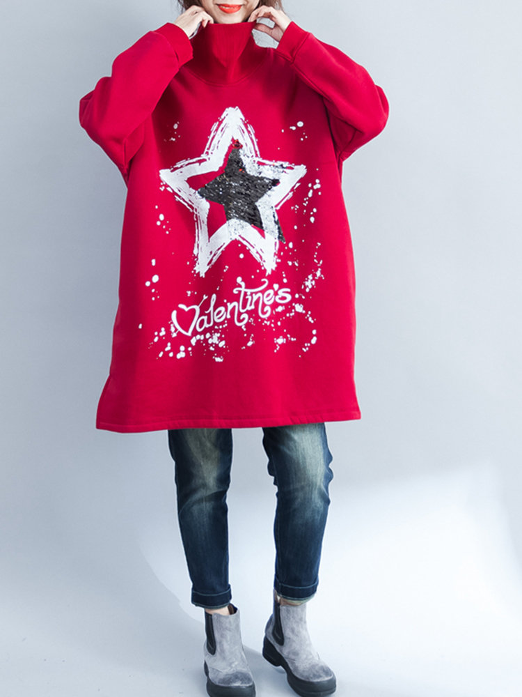 Sequins Star Letter Print High Neck Loose Casual Sweatshirts