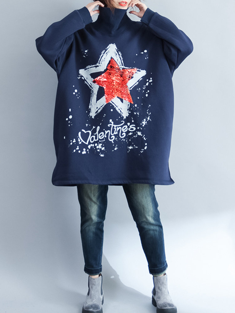 Sequins Star Letter Print High Neck Loose Casual Sweatshirts