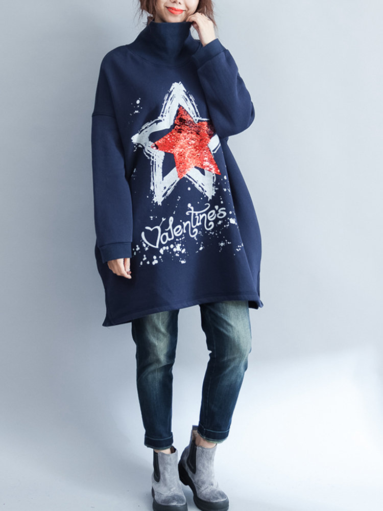 Sequins Star Letter Print High Neck Loose Casual Sweatshirts