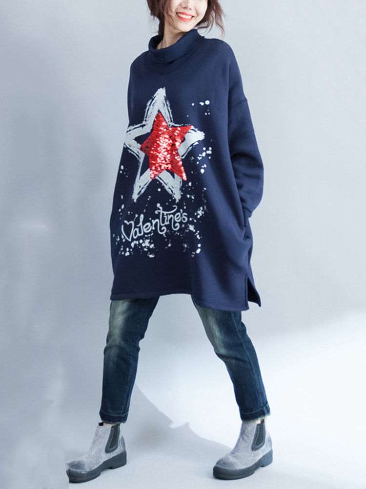 Sequins Star Letter Print High Neck Loose Casual Sweatshirts