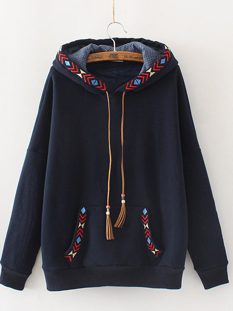 Embroidered Patchwork Tassels Long Sleeve Hoodies