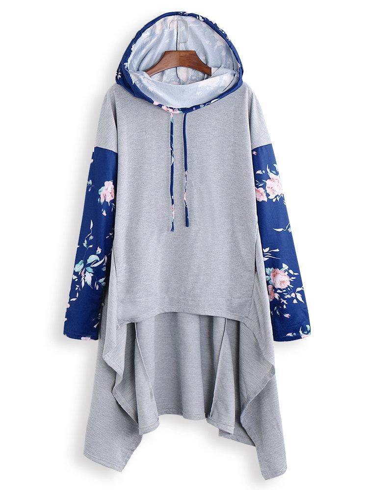 Floral Print Patchwork Long Sleeve Asymmetrical Hoodie