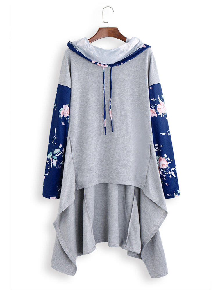 Floral Print Patchwork Long Sleeve Asymmetrical Hoodie