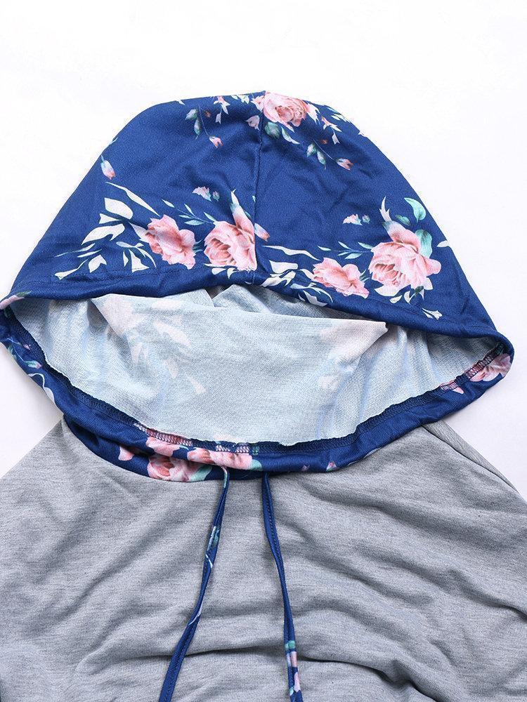 Floral Print Patchwork Long Sleeve Asymmetrical Hoodie