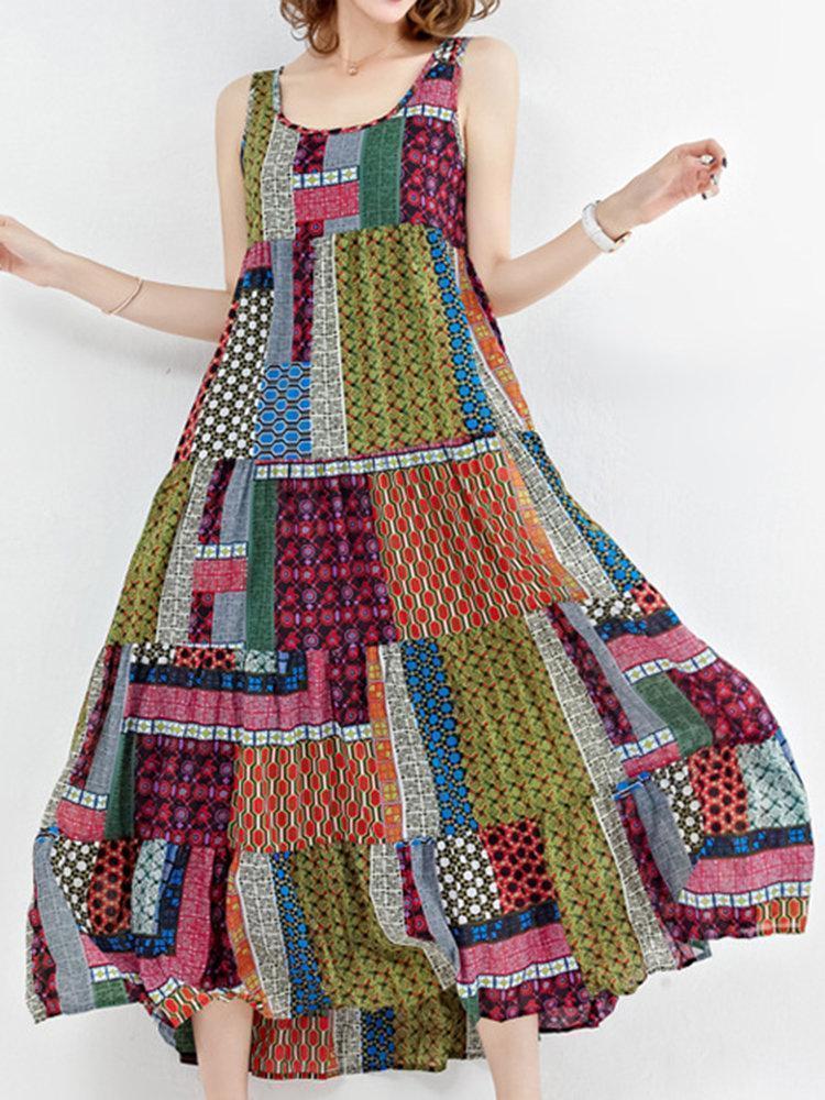 Bohemian Patchwork Sleeveless O-Neck Long Maxi Dresses