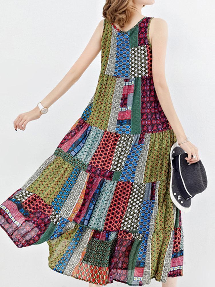 Bohemian Patchwork Sleeveless O-Neck Long Maxi Dresses